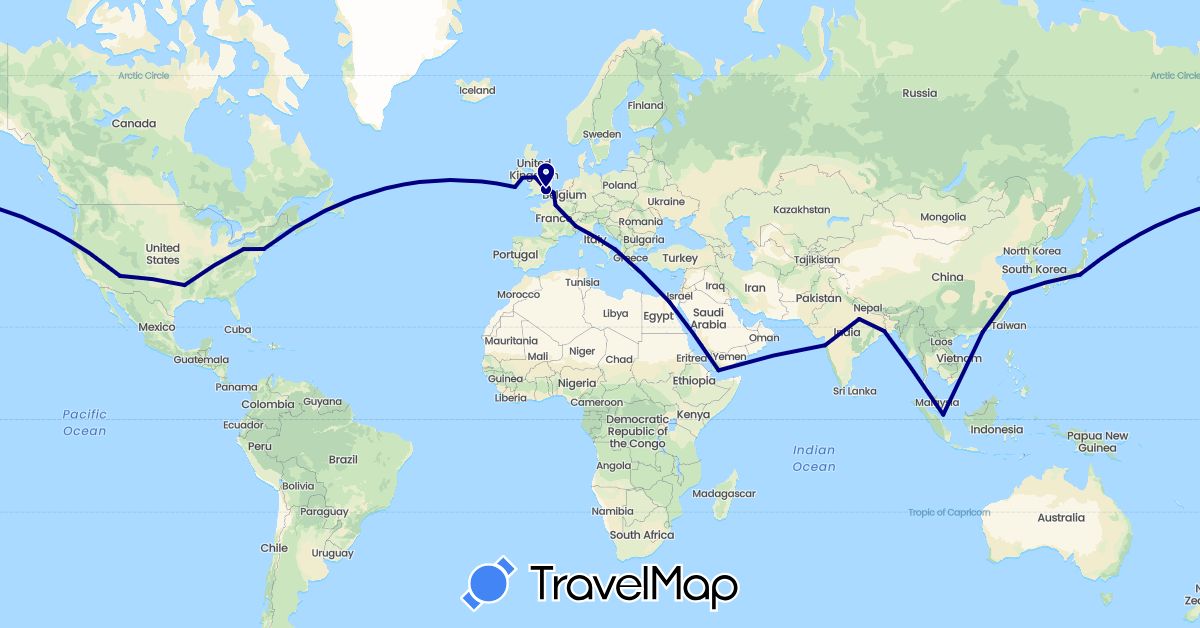 TravelMap itinerary: driving in China, Egypt, France, United Kingdom, Ireland, India, Italy, Japan, Singapore, United States, Yemen (Africa, Asia, Europe, North America)